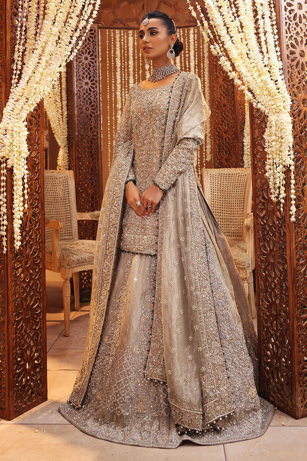Traditional Pakistani Bridal Dress in Silver Lehenga Shirt Style