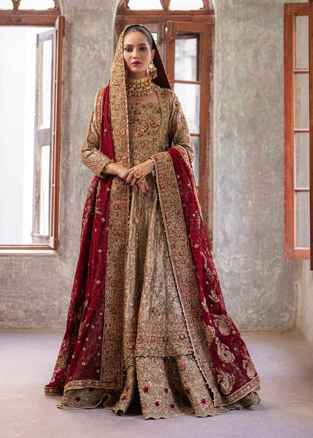 Traditional Pakistani Bridal Dress in Wedding Lehenga Gown and Net Dupatta Style Online