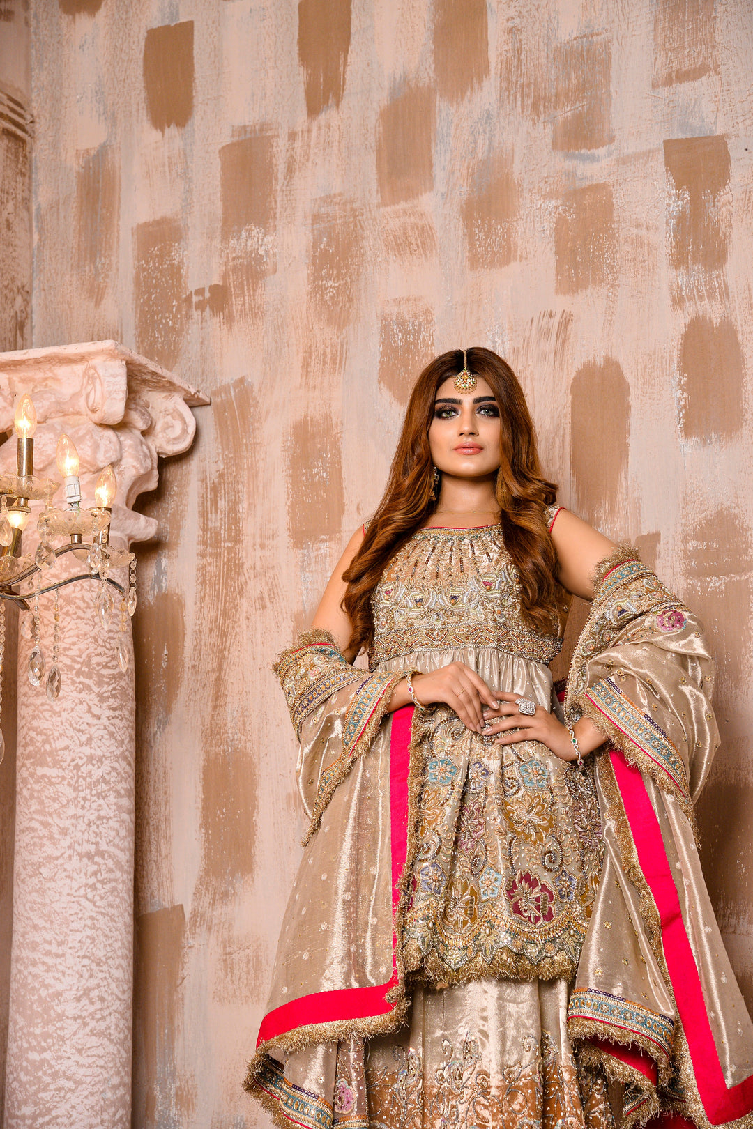 Traditional Pakistani Bridal Lehenga Frock in Mesuri Fabric