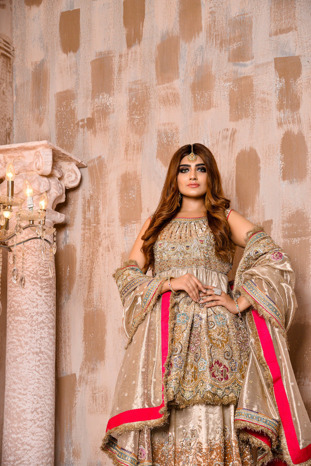 Traditional Pakistani Bridal Lehenga Frock in Mesuri Fabric