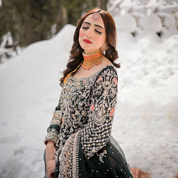 Traditional Pakistani Bridal Long Kameez Lehenga and Dupatta