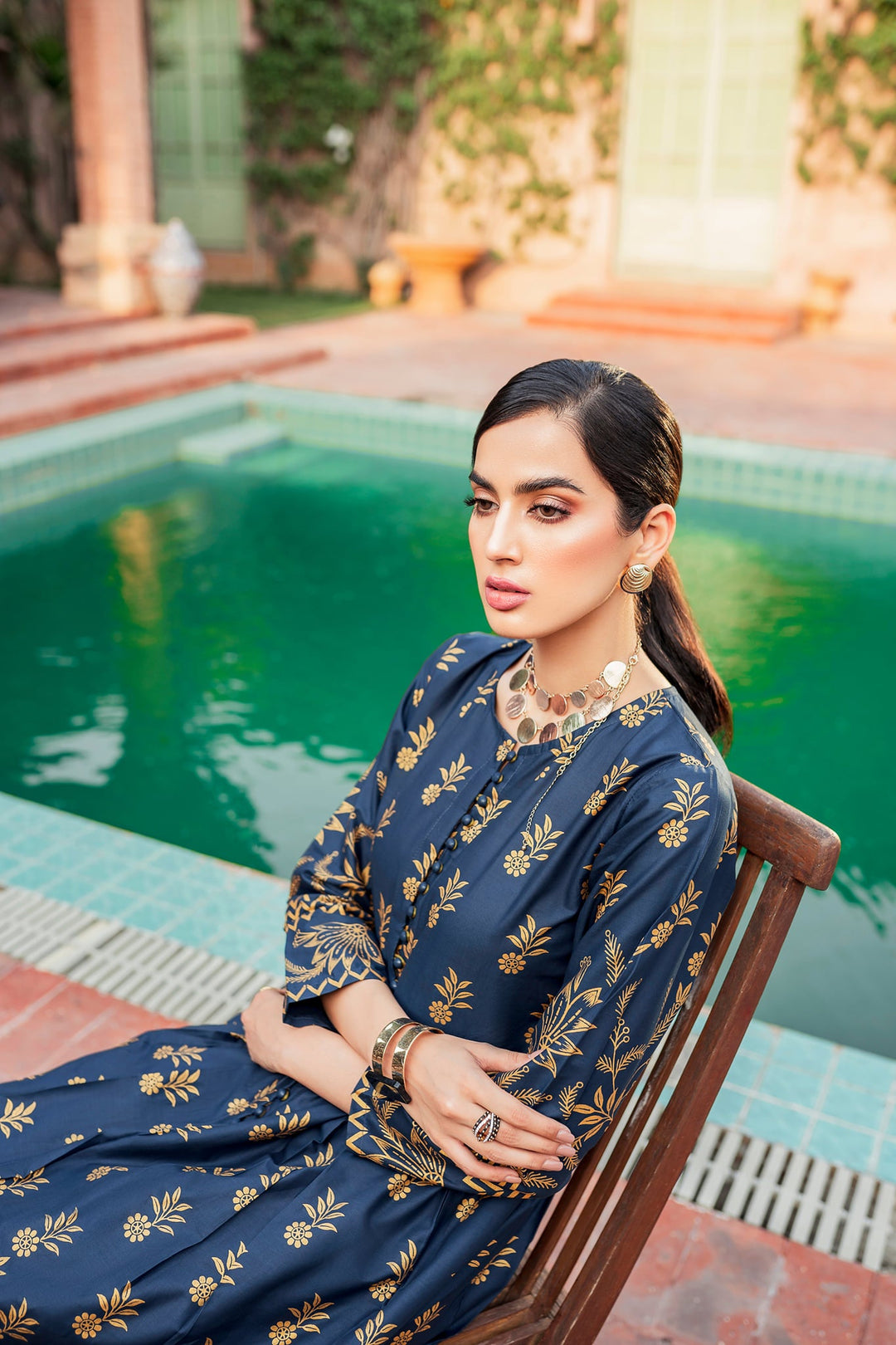 Traditional Pakistani Gown and Trouser Dress in Blue Color for Eid