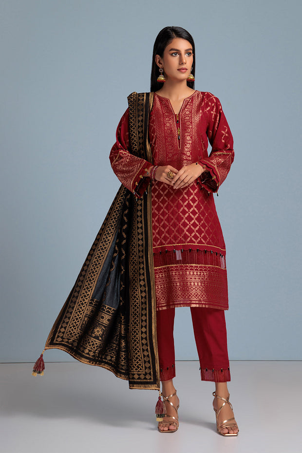 Traditional Pakistani Kameez Salwar Suit in Cheery Red Jacquard