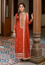 Traditional Pakistani Kameez Salwar Suit in Embroidered Rusty Color
