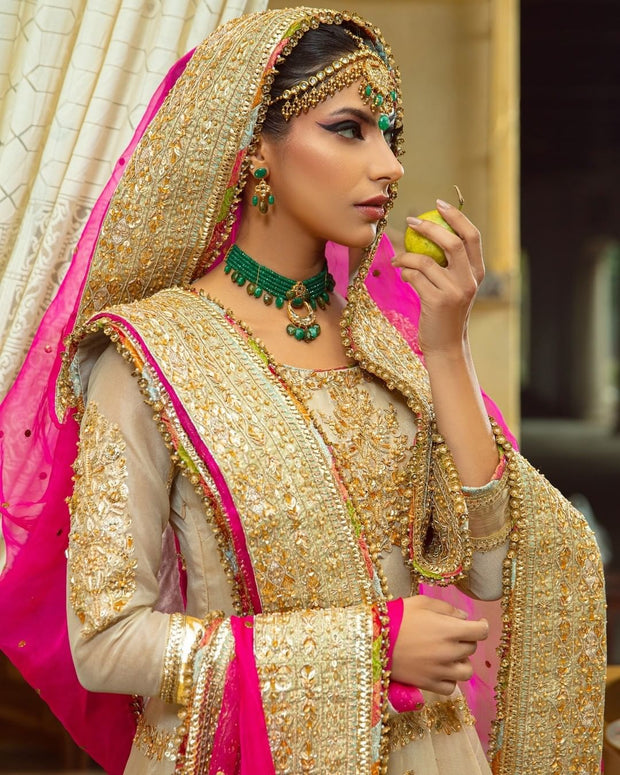 Traditional Pakistani Off White Pishwas Frock with Sharara Dress