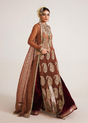 Traditional Pakistani Wedding Dress in Brown Sharara and Gown Style