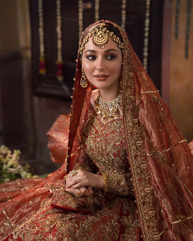 Traditional Pishwas Frock with Tissue Lehenga and Dupatta Red Pakistani Bridal Dress