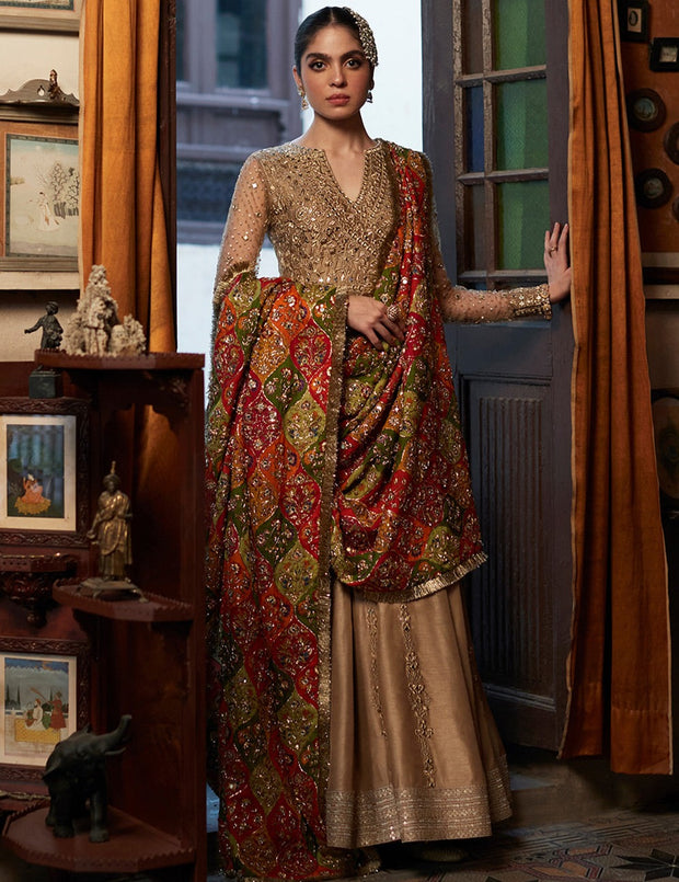 Traditional Pishwas Pakistani Wedding Dress in Raw Silk Online