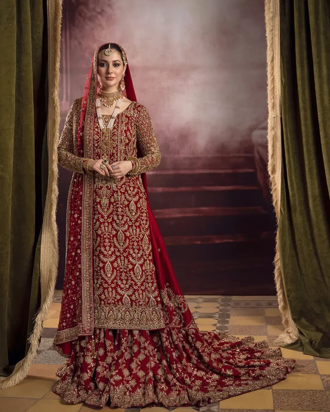 Traditional Red Pakistani Bridal Lehenga with Kameez & Dupatta