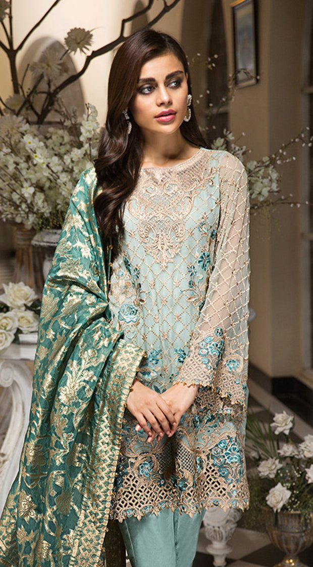 Traditional Pakistani designer dress in aqua blue color # P2257