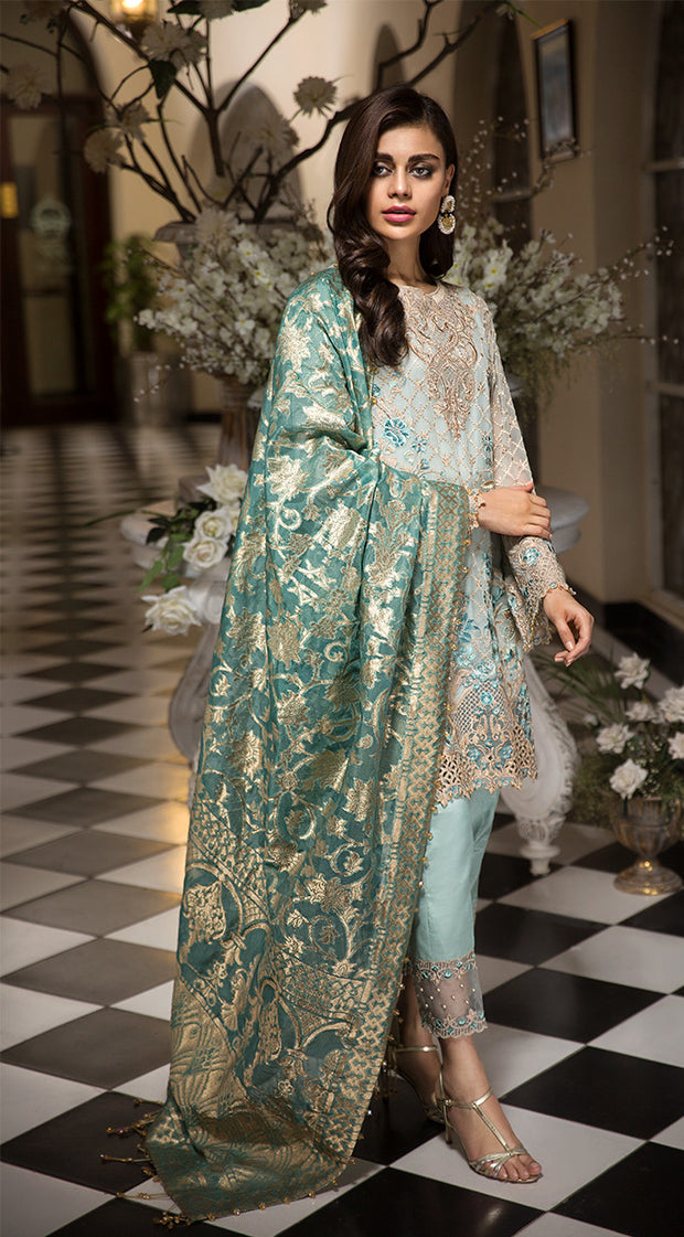 Traditional Pakistani designer dress in aqua blue color # P2257