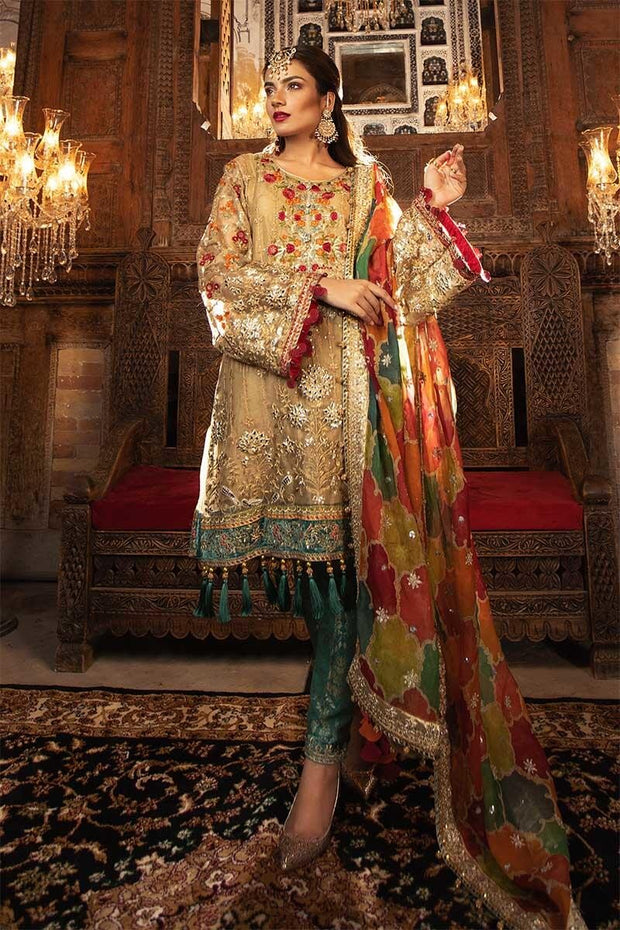 Traditional Pakistani wedding dress in shimmering gold color # P2253