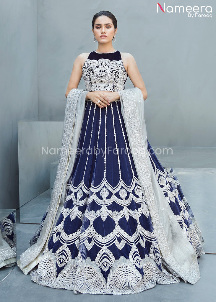 Latest Velvet Bridal Lehenga in Navy Blue Color Online 2021 Nameera by Farooq