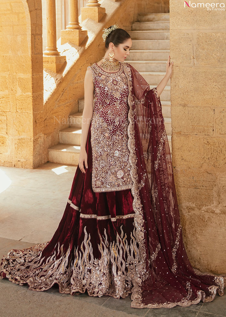 velvet bridal dresses Pakistani Embellished Velvet Bridal Lehenga Shirt for Barat SMALL