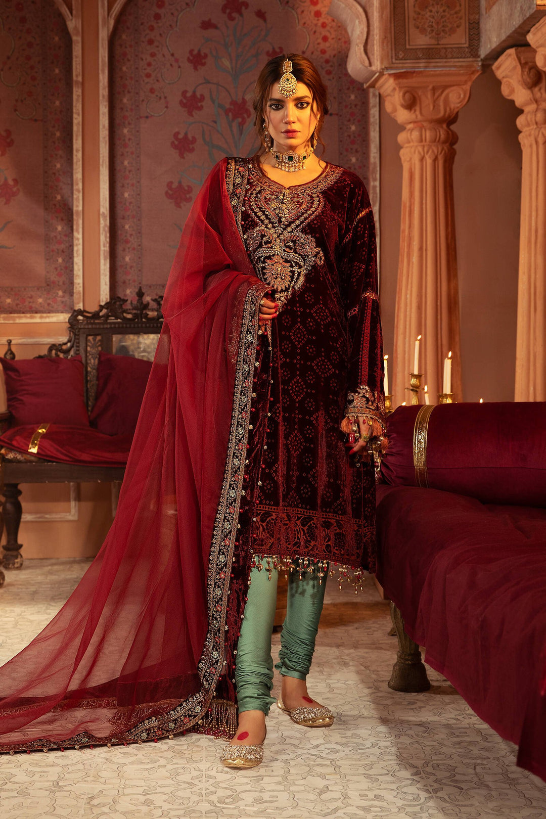 Velvet Kameez Salwar Party Wear in Maroon Shade