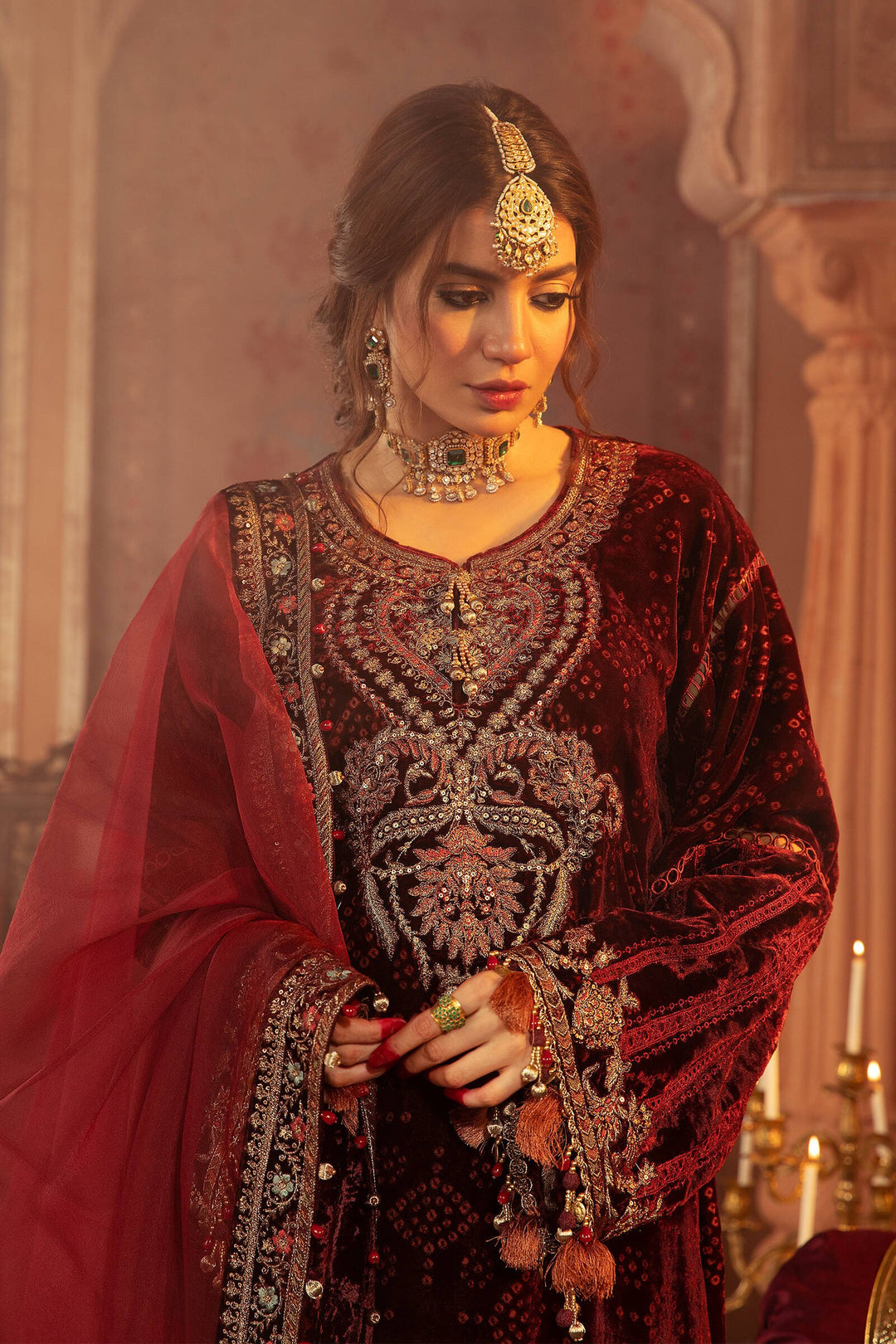 Velvet Kameez Salwar Party Wear in Maroon Shade Latest
