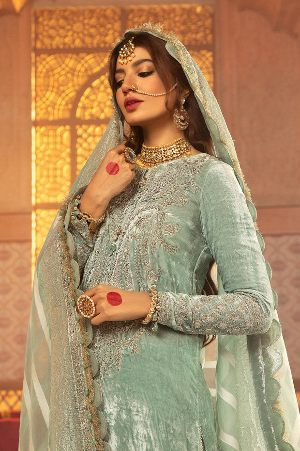 Velvet Kameez Salwar in Soft Sea Green Shade Latest