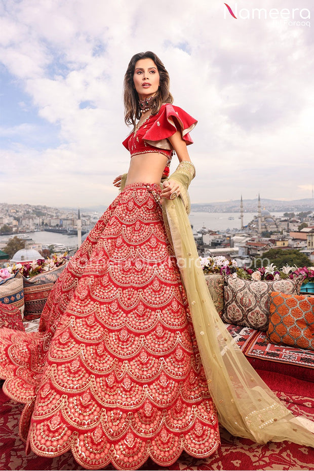 Velvet Lehenga Choli Bridal Dress Pakistani in Red