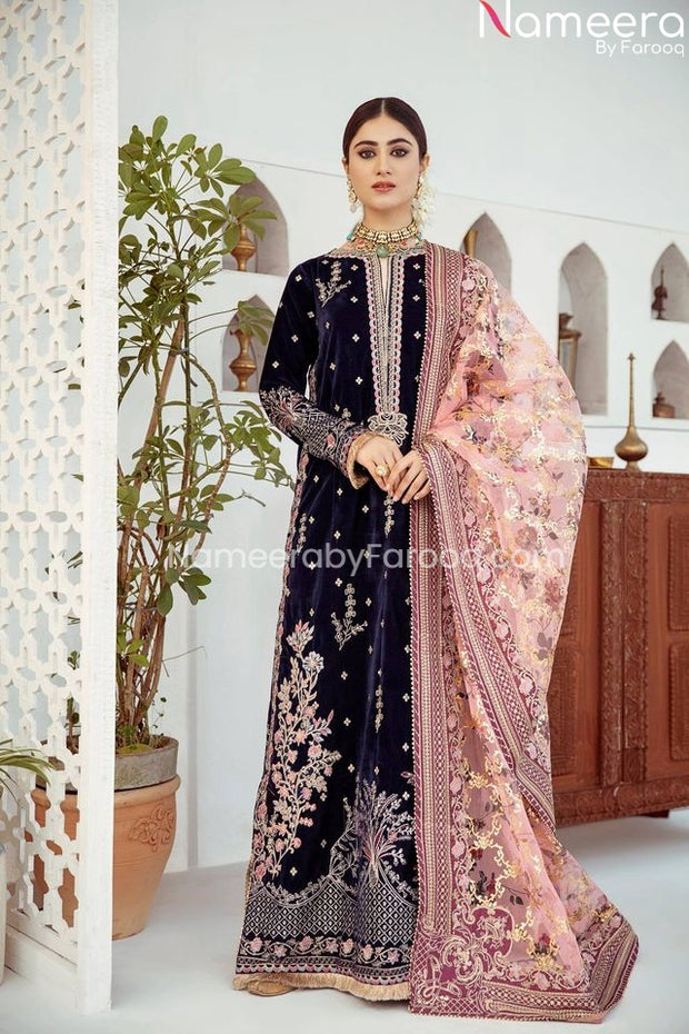 Velvet Pakistani Long Dress for Wedding Party Wear 