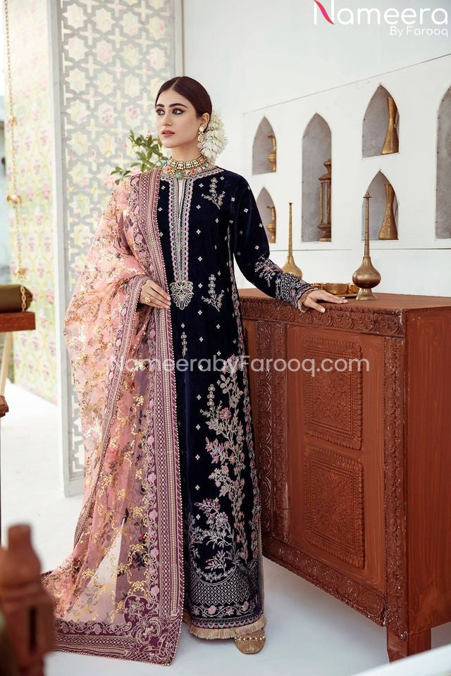 Velvet Pakistani Long Dress for Wedding Party Wear 2021 – Nameera by Farooq