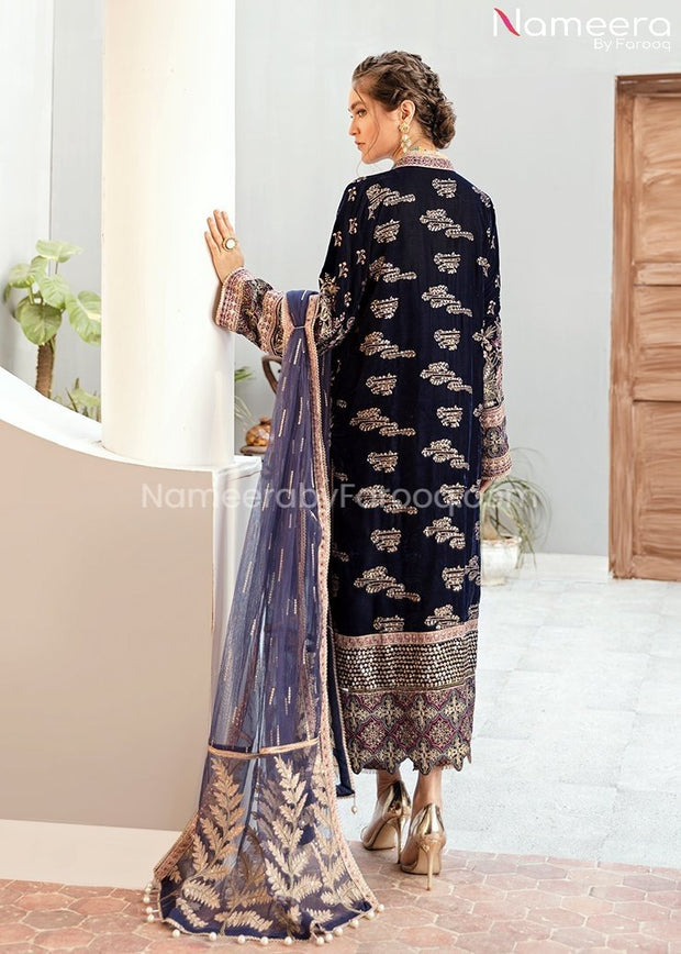 Velvet Pakistani Party Dress in Navy Blue Color Backside Look