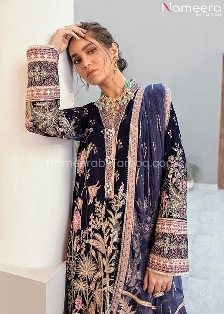 Velvet Pakistani Party Dress in Navy Blue Color Online – Nameera by Farooq