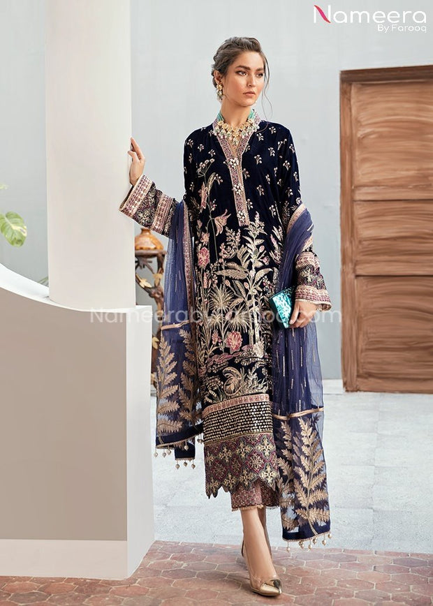 Velvet Pakistani Party Dress in Navy Blue Color