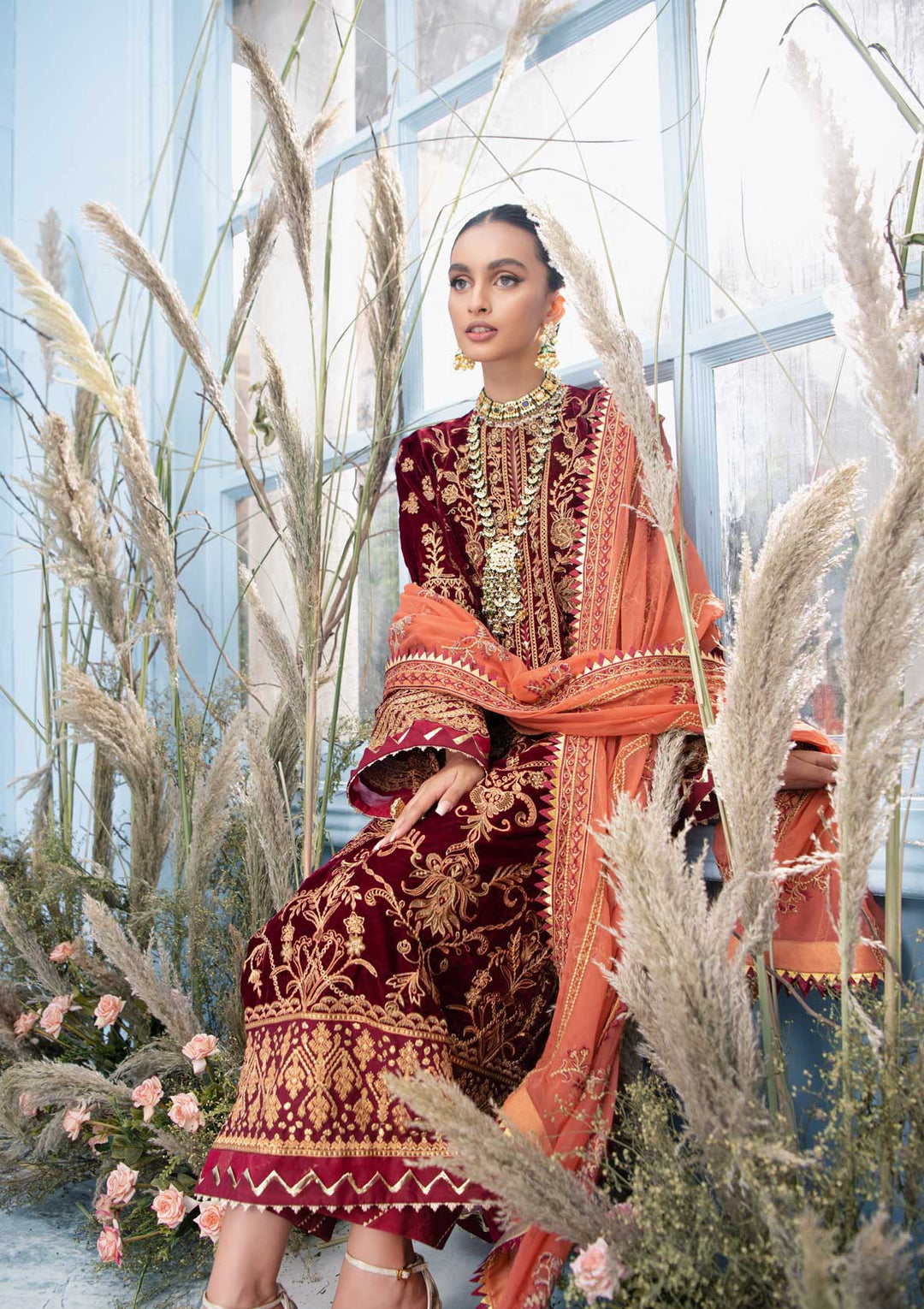 Velvet Pakistani Salwar Kameez in Maroon Shade 2021