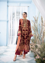 Velvet Pakistani Salwar Kameez in Maroon Shade Designer