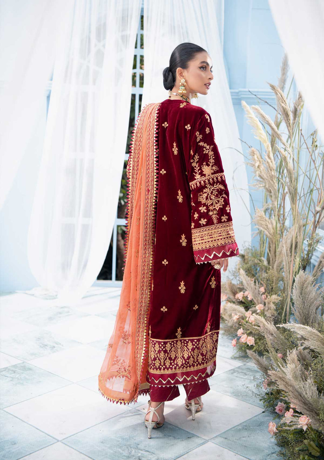 Velvet Pakistani Salwar Kameez in Maroon Shade Online