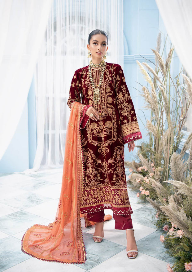 Velvet Pakistani Salwar Kameez in Maroon Shade