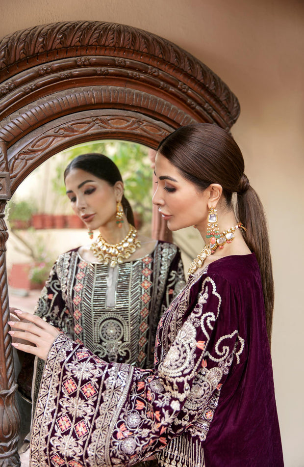 Velvet Party Wear Pakistani Dress in Plum Shade 2022
