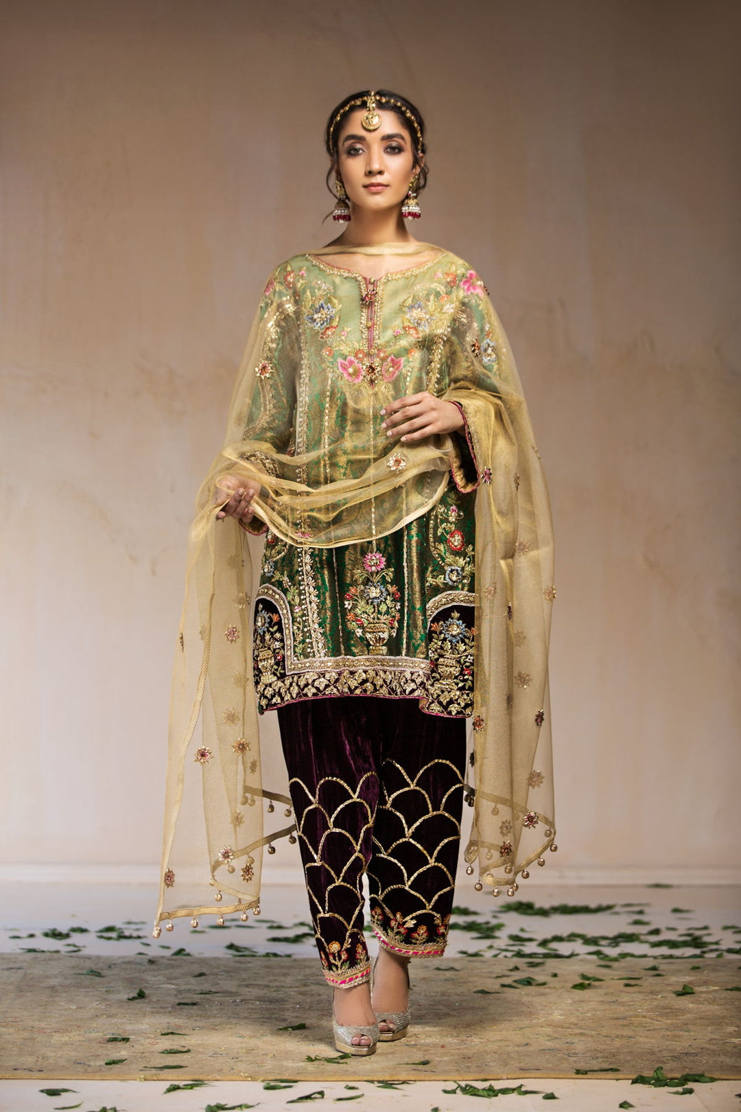 Velvet Wedding Party Wear in Green Color