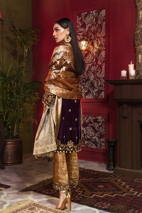 Beautiful Pakistani velvet embroidered dress in rich maroon color # P2454