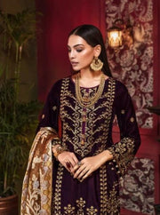 Beautiful Pakistani velvet embroidered dress in rich maroon color