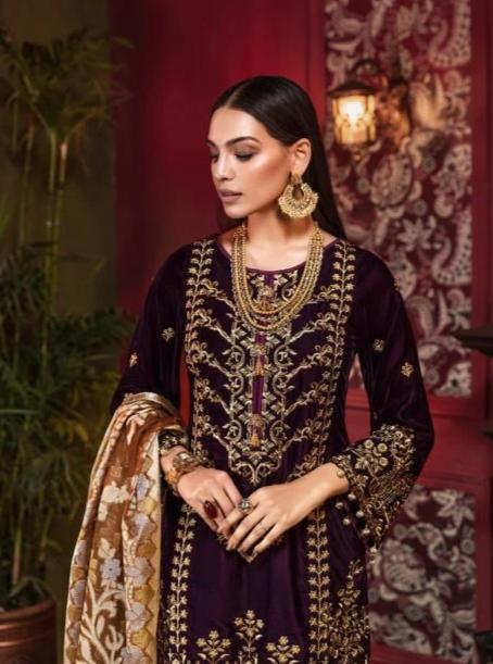 Beautiful Pakistani velvet embroidered dress in rich maroon color