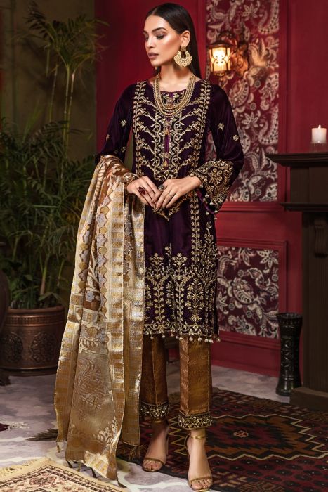 Beautiful Pakistani velvet embroidered dress in rich maroon color # P2454