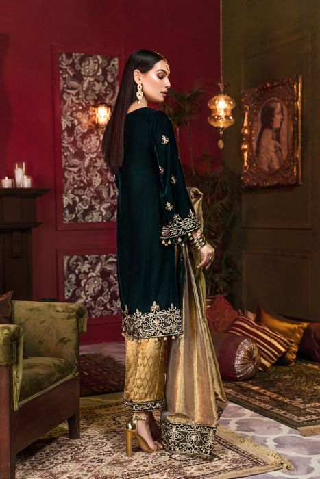 Beautiful Pakistani velvet embroidered outfit in elegant black color # P2455
