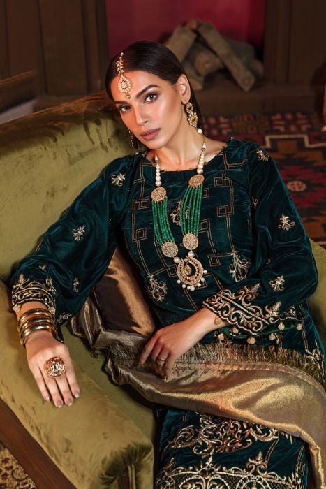 Beautiful Pakistani velvet embroidered outfit in elegant black color # P2455