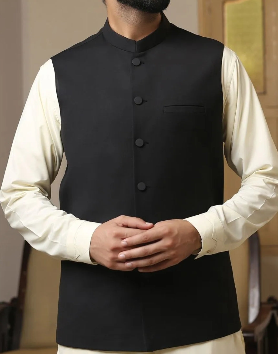 Waistcoat Pakistan for men in black color # M2673