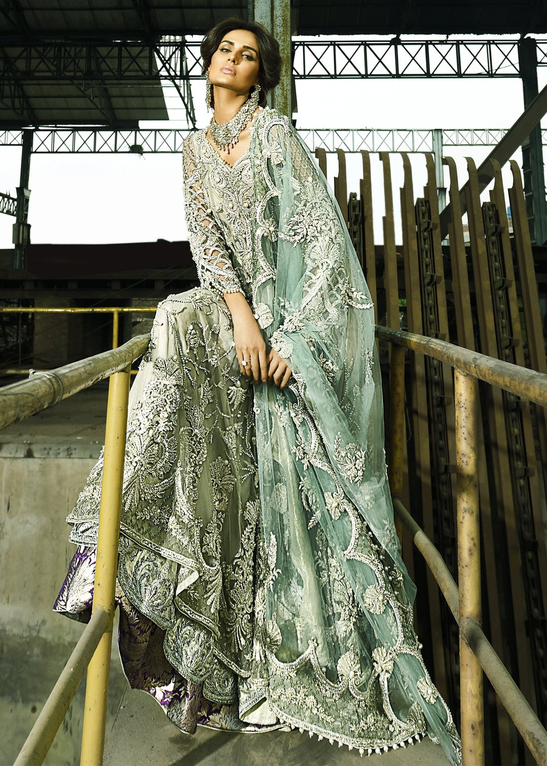 Latest bridal waleema dress for wedding wear in mint green color 