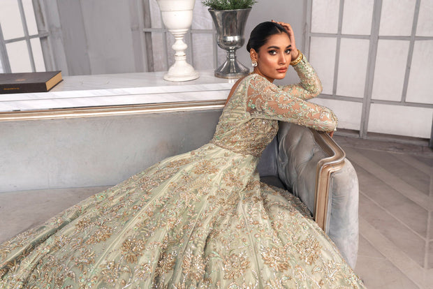 Wedding Gown Style Pakistani Bridal Dress in Mint Green Color