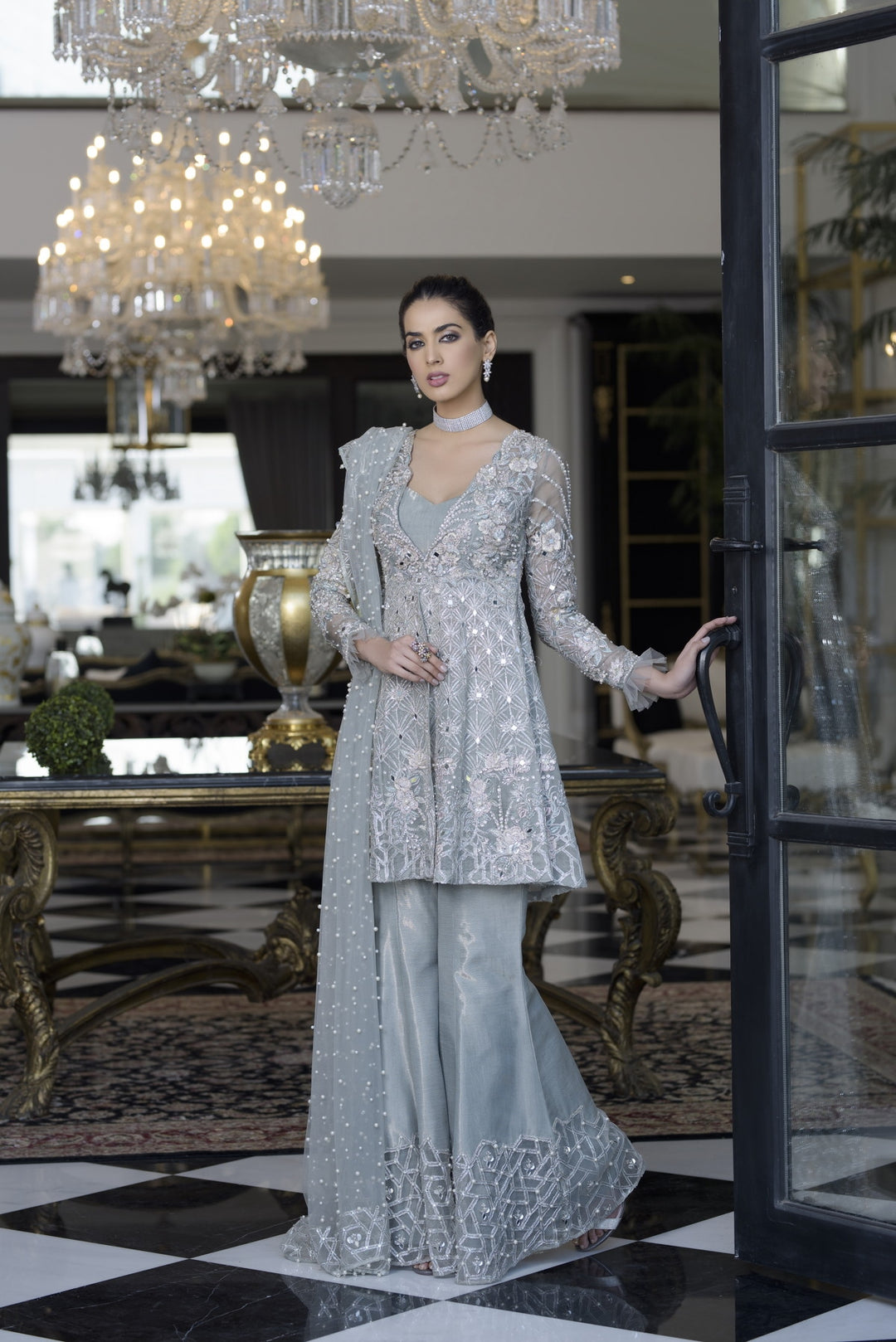 Wedding Party Gharara Dress in Gray Color