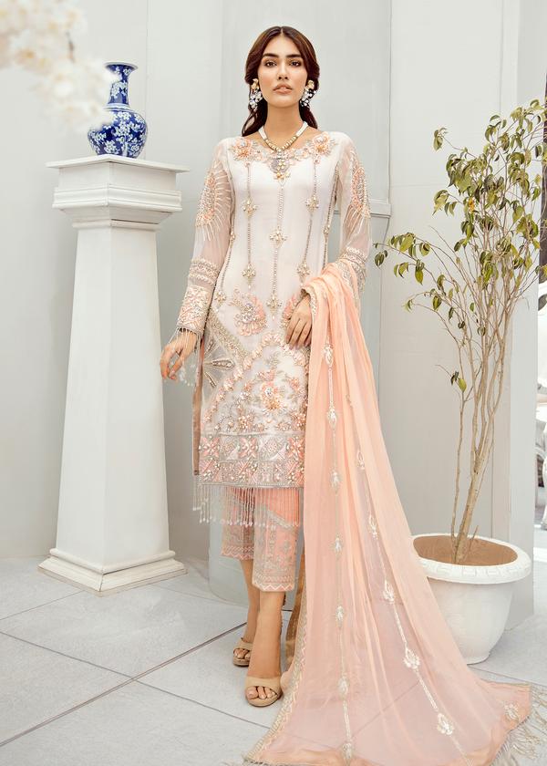 Latest White Chiffon Dress With Soft Peach Combination CA138