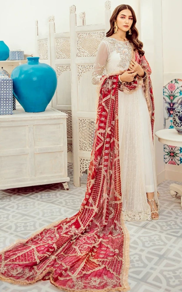 White Chiffon Party Frock with Red Dupatta – Nameera by Farooq