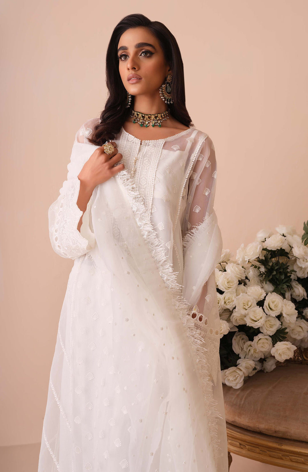 White Dress Pakistani in Long Kameez Trouser Style Online