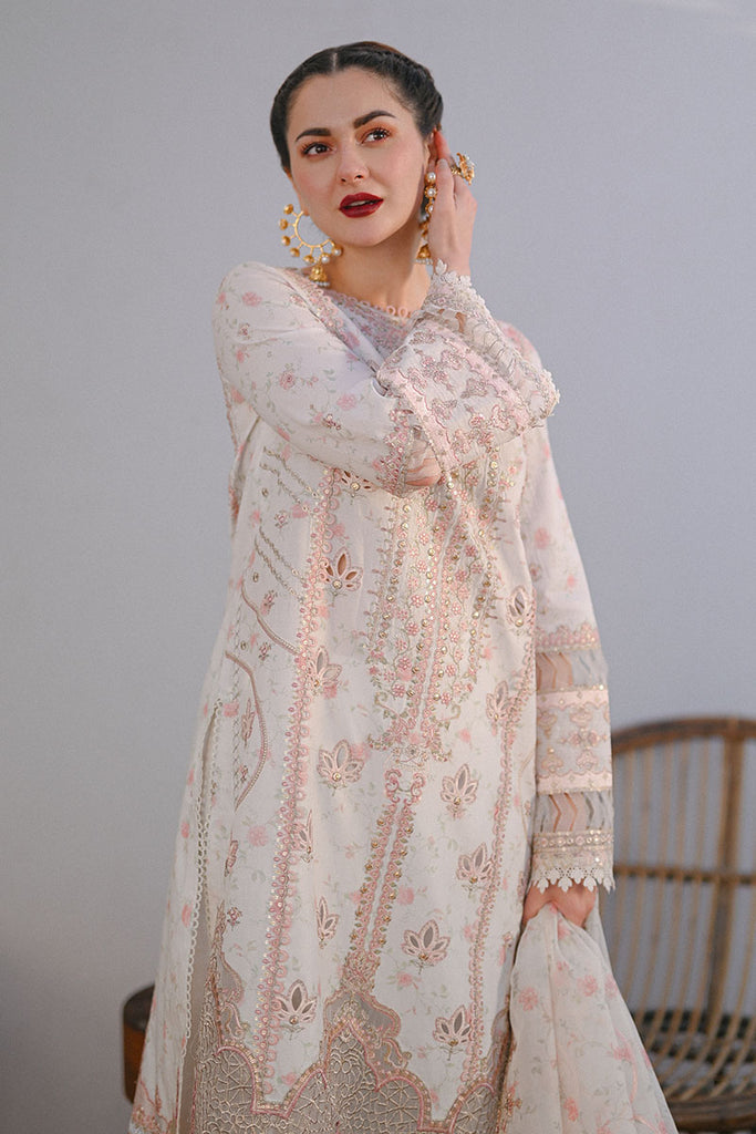 White Eid Dress in Kameez Trouser and Dupatta Style – Nameera by Farooq