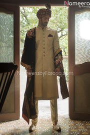 White Embroidered Jamawar Sherwani for Groom 2021 Front Look
