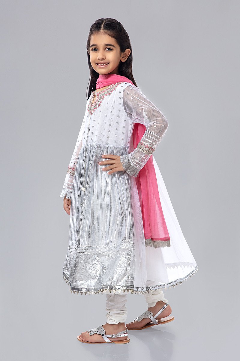 White Fancy Kids Frock for Eid Side Pose