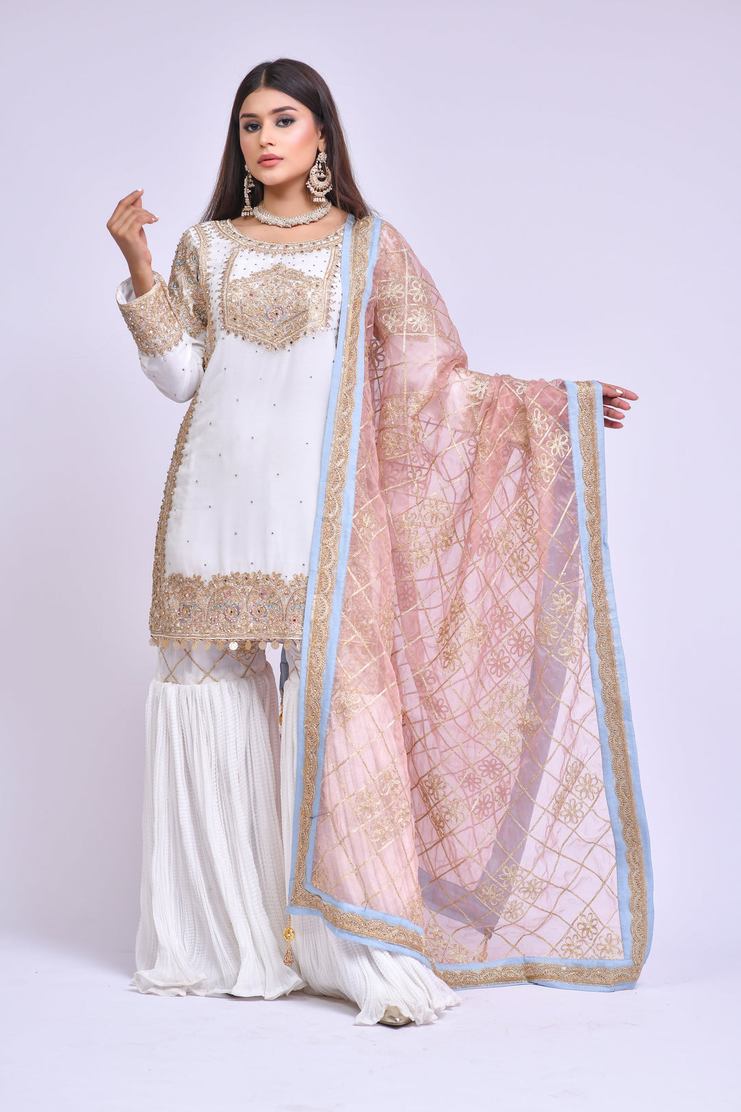 White Gharara Kameez Pakistani Eid Dress in Chiffon